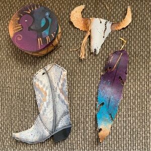Christmas Southwestern Ornaments Metal Hand painted: Feather Boot Cow Skull Boot